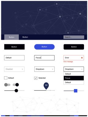 Koyu mavi vektör tasarım UI kiti mozaik, daireler ile. Üçgen, daire ile poligonal stilinde stil rehberi. Web siteleri, açılış sayfaları için güzel düzeni.