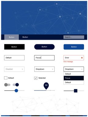 Koyu mavi vektör UI ux kiti daireler ile üçgen tarzı. Üçgen, daire ile poligonal stilinde stil rehberi. Açılış sayfanız için modern şablon.