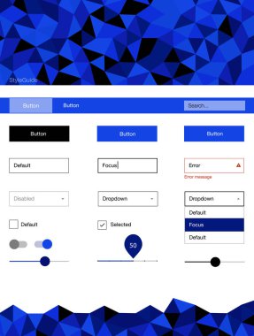 Koyu mavi vektör tasarım UI kiti ile mozaik. Arka plan üzerinde renkli stil rehberi üçgenler ile. Bu örnek için sitesidir.