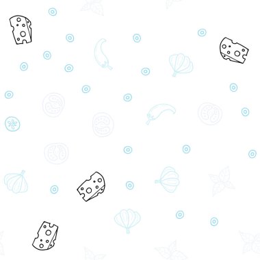 Hafif mavi vektör Restoran gıda ile sorunsuz düzeni. Resimde dizi doodle tarzı taze yiyecek. Mutfakta yemek yemek için şablon.