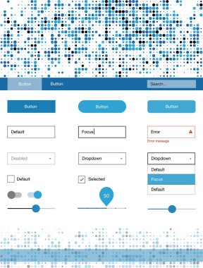 Hafif mavi vektör UI ux kiti daireler ile. Basit malzeme tasarım kiti üstbilgisindeki renkli noktalar ile. Web siteleri, açılış sayfaları için güzel düzeni.