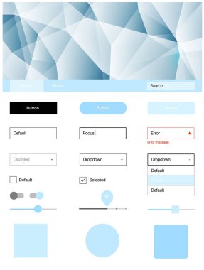 Hafif mavi vektör tasarım UI kiti ile mozaik. Arka plan üzerinde renkli stil rehberi üçgenler ile. Bu örnek açılış sayfanız için mu.