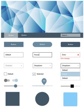 Hafif mavi vektör UI kiti poligonal tarzı. Web Kullanıcı arabirimi kiti ile onun üstbilgisindeki soyut degrade üçgenler. Bu örnek için sitesidir.