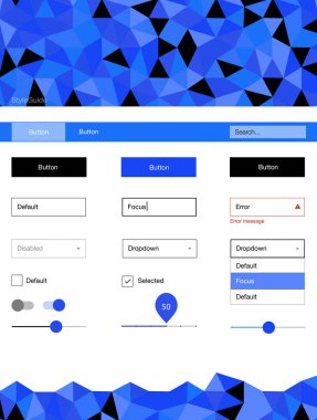 Üçgenler ile ışık mavi vektör stil rehberi. Dekoratif UI takımı tasarım renkli kristaller ile soyut tarzda. Bu web siteleri için kullanabileceğiniz şablon.