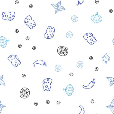 Hafif mavi vektör sorunsuz arka plan ile lezzetli yemekler. Gıda doodle tarzı ile güzel renkli resimde. Reklam, kitapçıklar, broşürler restoranlar için desen.