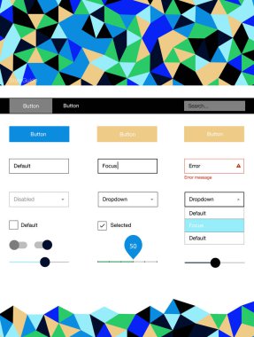 Açık mavi, vektör malzeme tasarım kiti hatları ile yeşil. Renkli UI/ux kiti üstbilgi ile üçgen oluşuyordu. Bu web siteleri için kullanabileceğiniz şablon.