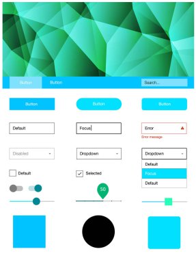 Açık mavi, yeşil vektör UI kiti poligonal tarzı. Basit malzeme tasarım kiti ile üçgen renkli mozaik. Sen-ebilmek kullanma için açılış sayfaları bu şablonu.