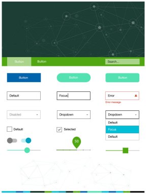 Açık mavi, yeşil vektör UI ux kiti daireler ile üçgen tarzı. Üçgen, daire arka plan üzerinde Stil Kılavuzu. Açılış sayfanız için modern şablon.