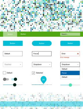 Açık mavi, yeşil vektör web UI kiti ile küreler. Basit malzeme tasarım kiti üstbilgisindeki renkli noktalar ile. Web siteleri, açılış sayfaları için güzel düzeni.