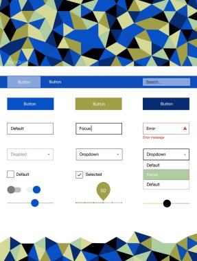 Açık mavi, yeşil vektör UI ux kiti üçgen tarzı. Basit malzeme tasarım kiti ile üçgen renkli mozaik. Sen-ebilmek kullanma için açılış sayfaları bu şablonu.