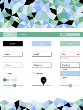 Açık mavi, yeşil vektör UI ux kiti üçgen tarzı. Basit malzeme tasarım kiti ile üçgen renkli mozaik. Açılış sayfanız için modern şablon.