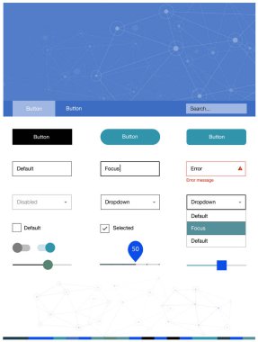 Açık mavi, yeşil vektör UI ux kiti daireler ile üçgen tarzı. Üçgen, daire arka plan üzerinde Stil Kılavuzu. Açılış sayfanız için modern şablon.
