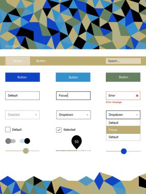 Açık mavi, yeşil vektör web UI kiti poligonal tarzı. UI Ux kiti başlığını poligonal renkli arka plan ile. Bu web siteleri için kullanabileceğiniz şablon.