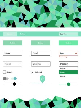 Açık mavi, yeşil vektör UI ux kiti üçgen tarzı. UI Ux kiti başlığını poligonal renkli arka plan ile. Bu örnek açılış sayfanız için mu.