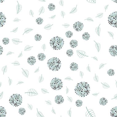 Açık mavi, vektör sorunsuz doodle şablonuyla yaprak ve çiçek yeşil. Yaprakları, çiçekleri beyaz arka plan üzerinde doğal tarzı. El tasarım web, kaydırma için boyalı.