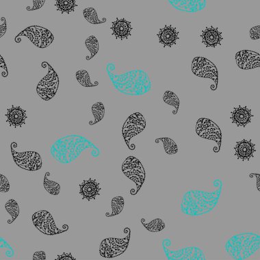 Koyu mavi, sarı yaprak ve çiçek ile sorunsuz doodle düzeni vektör. Renkli resimde doodle tarzı yaprakları, çiçekleri ile. Tasarımınız için tamamen yeni şablon.