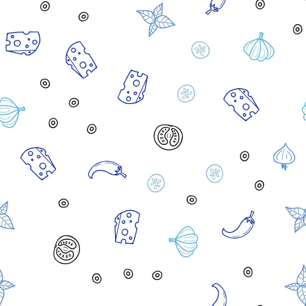 Hafif mavi vektör sorunsuz arka plan ile lezzetli yemekler. Gıda doodle tarzı ile güzel renkli resimde. Reklam, kitapçıklar, broşürler restoranlar için desen.