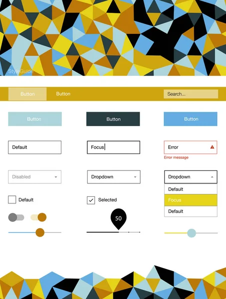 Açık mavi, sarı vektör UI kiti poligonal tarzı. UI Ux kiti başlığını poligonal renkli arka plan ile. Web siteleri için basit renkli tasarım.