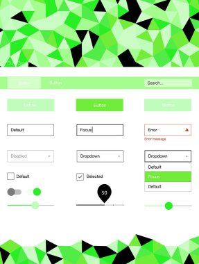 Işık yeşil vektör stil rehberi üçgenler ile. UI Ux kiti başlığını poligonal renkli arka plan ile. Web siteleri için basit renkli tasarım.
