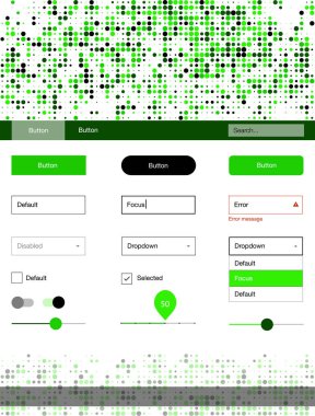 Açık yeşil noktalar ile malzeme tasarım kiti vektör. Arka plan üzerinde renkli stil rehberi daireler ile. Web siteleri, açılış sayfaları için güzel düzeni.