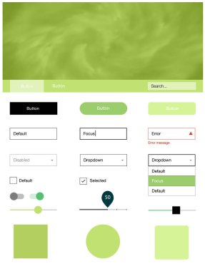 Gökyüzü yıldızlarla ışık yeşil vektör stil rehberi. Güzel UI ux kiti ile onun üstbilgisindeki renkli gökyüzü. Bu örnek açılış sayfanız için mu.