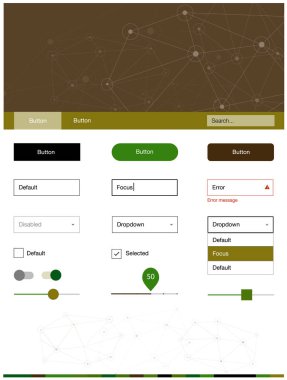 Koyu yeşil, sarı malzeme tasarım kiti çizgiler ile daireler vektör. Üçgen, daire ile poligonal stilinde stil rehberi. Bu örnek açılış sayfanız için mu.