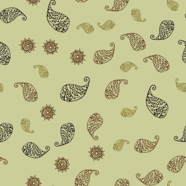 Koyu yeşil, sarı vektör sorunsuz doodle desenle yaprak ve çiçek. Renkli resimde doodle tarzı yaprakları, çiçekleri ile. Desen duvar kağıtları ve boyama kitapları için.