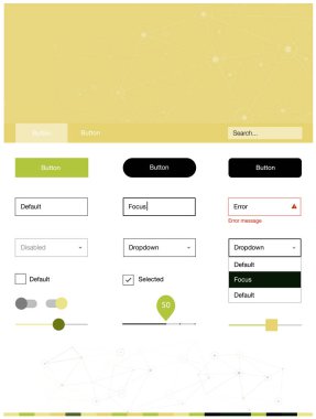 Açık yeşil, sarı üçgen, daire ile vektör stil rehberi. Renkli UI/ux kiti ile üçgenler, üstbilgi çevrelerde. Web siteleri için basit renkli tasarım.