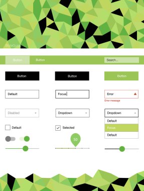 Açık yeşil, sarı vektör tasarım UI kiti ile mozaik. Arka plan üzerinde renkli stil rehberi üçgenler ile. Sen-ebilmek kullanma için açılış sayfaları bu şablonu.