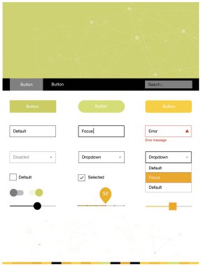 Açık yeşil, sarı vektör UI kiti poligonal tarzı daireler ile. Renkli üçgen, daire basit malzeme tasarım kiti. Sen-ebilmek kullanma için açılış sayfaları bu şablonu.