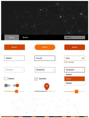 Koyu turuncu vektör malzeme tasarım kiti çizgiler ile daireler. Üçgen, daire arka plan üzerinde Stil Kılavuzu. Sen-ebilmek kullanma için açılış sayfaları bu şablonu.