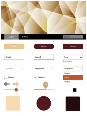 Koyu turuncu vektör tasarım UI kiti ile mozaik. Web Kullanıcı arabirimi kiti ile onun üstbilgisindeki soyut degrade üçgenler. Web siteleri için basit renkli tasarım.