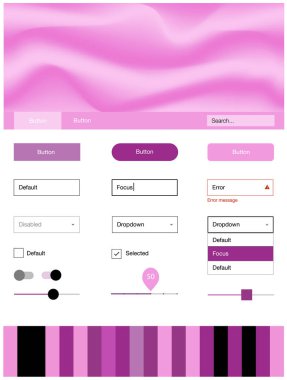 Pembe sıvı şekillerle malzeme tasarım kiti vektör. Degrade çizgiler ile renkli soyut resimde. Açılış sayfanız için modern şablon.