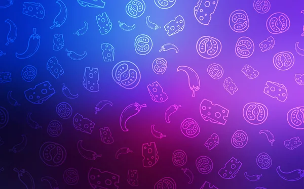 Koyu pembe, mavi restoran yemek düzeniyle vektör. Resimde dizi doodle tarzı taze yiyecek. Reklam, poster, afiş kafe ya da restoran için tasarım.