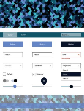 Koyu mavi, yeşil noktalı UI kiti vektör. Başlığını renkli gradyan daireler modern stil kılavuzu. Açılış sayfanız için modern şablon.