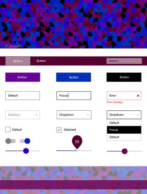Koyu mavi, kırmızı noktalı UI kiti vektör. Güzel UI ux kiti ile onun üstbilgisindeki renkli noktalar. Bu web siteleri için kullanabileceğiniz şablon.