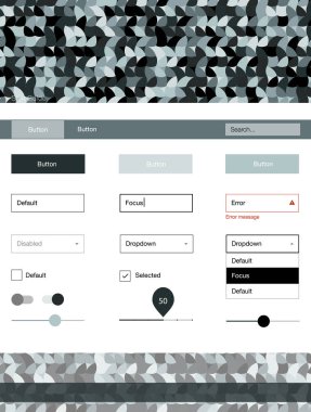 Koyu mavi noktalar ile malzeme tasarım kiti vektör. Dekoratif UI takımı tasarım renkli noktalar ile soyut tarzda. Açılış sayfanız için modern şablon.