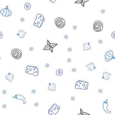 Hafif mavi vektör gurme mutfağı ile sorunsuz kapak. Gıda doodle tarzı ile güzel renkli resimde. Kafe işletme reklamınız için tasarım doodle.