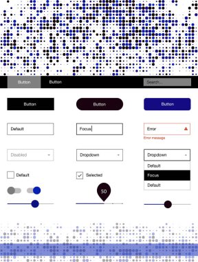 Koyu mavi vektör küreler web UI kiti. Basit malzeme tasarım kiti üstbilgisindeki renkli noktalar ile. Bu örnek açılış sayfanız için mu.