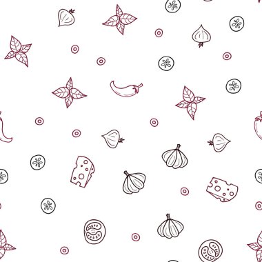 Koyu pembe, kırmızı lezzetli yemekler ile sorunsuz arka plan vektör. Fast Food renkli gradyan ile bulanık arka plan üzerinde. Reklam, kitapçıklar, broşürler restoranlar için desen.