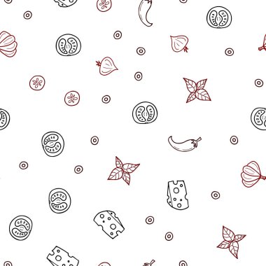 Koyu kırmızı lezzetli atıştırmalıklar ile sorunsuz doku vektör. Gıda doodle tarzı ile güzel renkli resimde. Mutfakta yemek yemek için şablon.