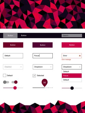 Koyu kırmızı vektör tasarım UI kiti ile mozaik. Üçgenler ile poligonal tarzında modern stil rehberi. Bu örnek için sitesidir.