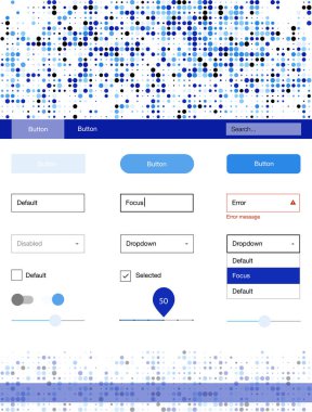 Açık mavi noktalar ile malzeme tasarım kiti vektör. Arka plan üzerinde renkli stil rehberi daireler ile. Web siteleri, açılış sayfaları için güzel düzeni.