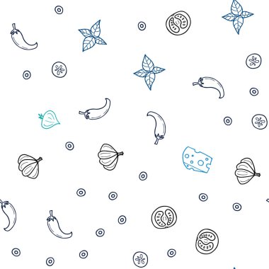 Açık mavi, vektör sorunsuz şablon organik yemek ile yeşil. Dekoratif illüstrasyon gıda ile soyut şablonunda parlayan. Desen menüsü kafeteryalar, barlar, restoranlar için.