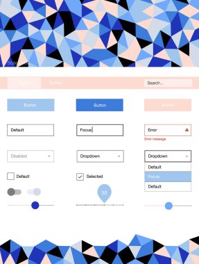 Hafif pembe, mavi vektör tasarım UI kiti ile mozaik. Web Kullanıcı arabirimi kiti ile onun üstbilgisindeki soyut degrade üçgenler. Sen-ebilmek kullanma için açılış sayfaları bu şablonu.
