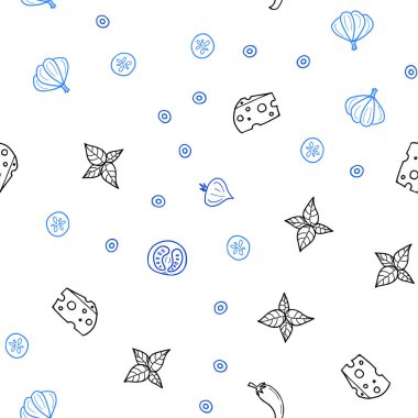 Organik yemek ışık mavi vektör sorunsuz şablonu. Resimde dizi doodle tarzı taze yiyecek. Reklam, poster, afiş kafe ya da restoran için tasarım.