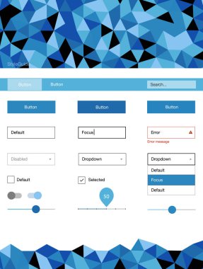 Hafif mavi vektör UI kiti poligonal tarzı. Üçgenler ile poligonal tarzında modern stil rehberi. Web siteleri, açılış sayfaları için güzel düzeni.