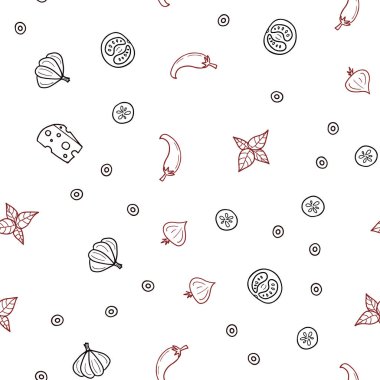 Koyu kırmızı Restoran gıda ile sorunsuz düzen vektör. Dekoratif illüstrasyon gıda ile soyut şablonunda parlayan. Reklam, poster, afiş kafe ya da restoran için tasarım.