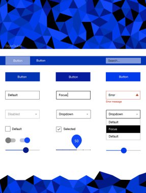Koyu mavi çizgilerle malzeme tasarım kiti vektör. UI Ux kiti başlığını poligonal renkli arka plan ile. Açılış sayfanız için modern şablon.
