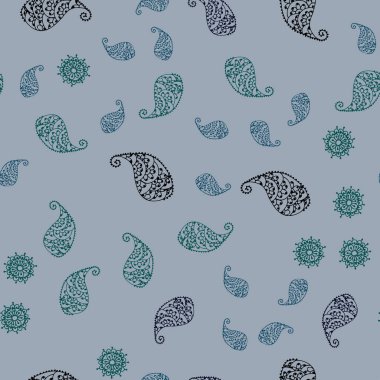 Koyu mavi, yeşil yaprak ve çiçek ile sorunsuz doodle desen vektör. Yaprak ve çiçek ile zarif bir parlak örnek. Cep telefonu arka plan için şablon.